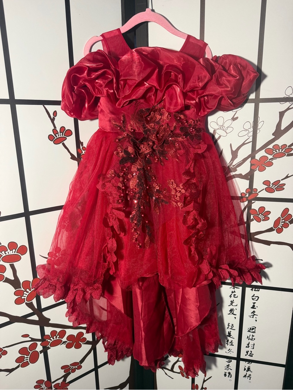 Red Girls' Ruffle Tulle Party Dress with Floral Sequin Detail